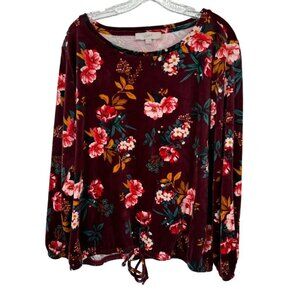 LOFT Floral Burgundy Velvet Long Sleeve Top Tie bottom womens long sleeve sz XL